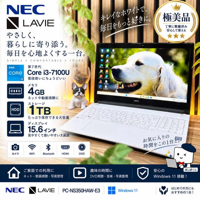 ☘️極美品☘️ホワイト‼️NEC LAVIE NS☘️大容量1TB搭載☘️4GB☘️第7世代 Core i3☘️15.6インチ☘️ノートパソコン