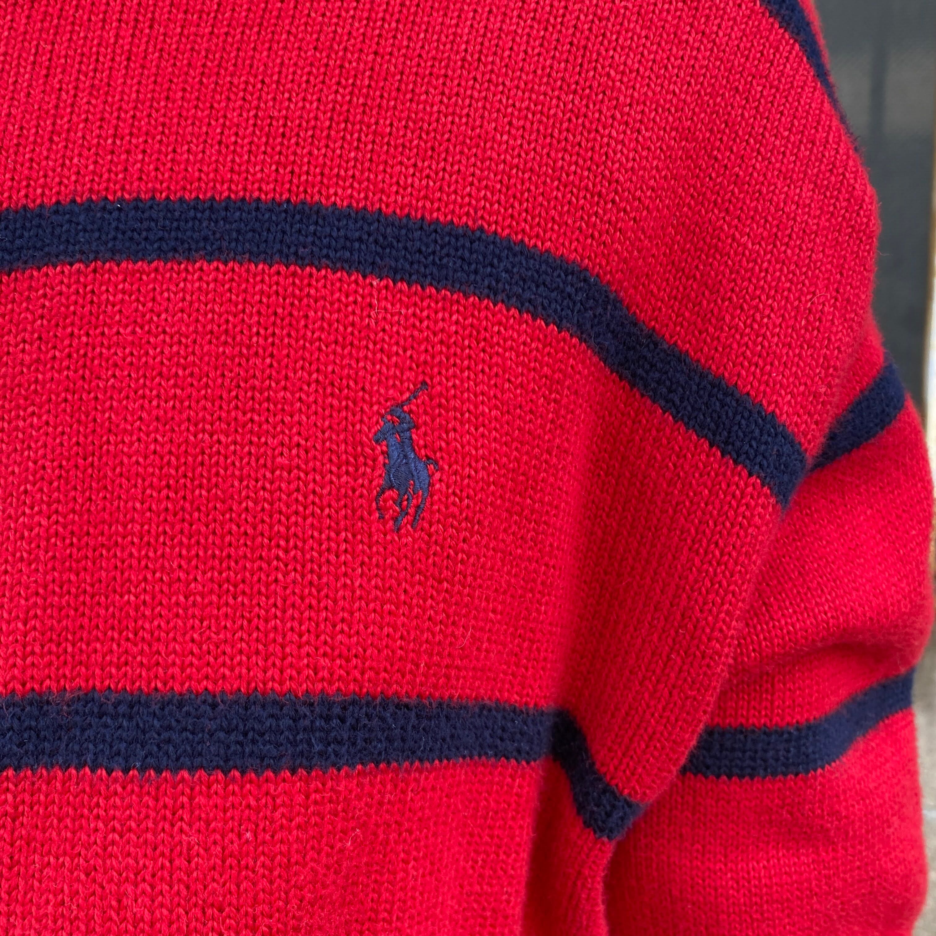 ポロバイラルフローレン ハーフジップ ボーダー コットンニットセーター メンズL相当 古着 Polo by Ralph Lauren ワンポイントロゴ刺繍 ハイネック レッド×ネイビー 紺 赤 【ニットセーター】 | cave 古着屋【公式】古着通販サイト