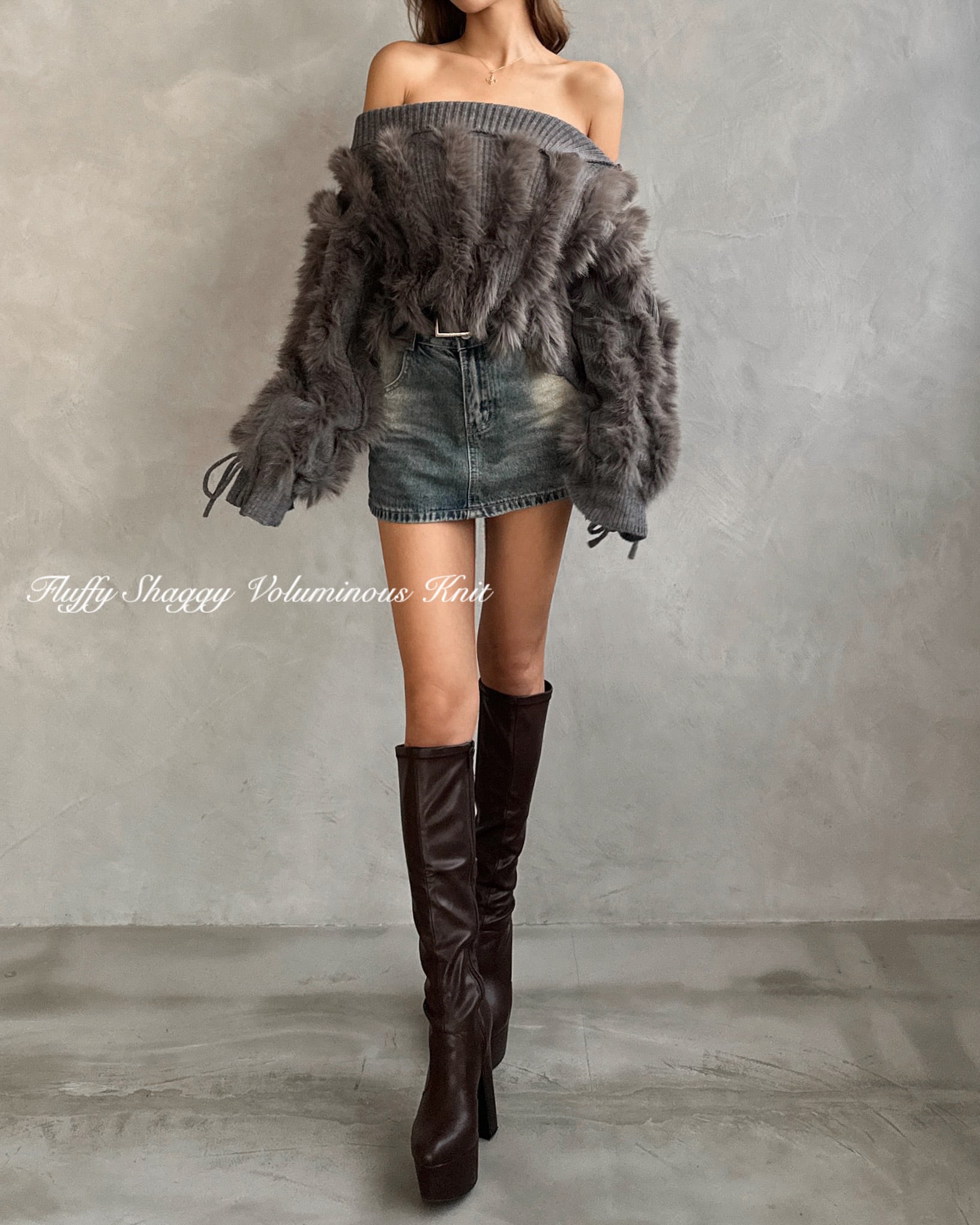 NEW】Fluffy Shaggy Voluminous Knit グレー | GIENGE［ジーアング］