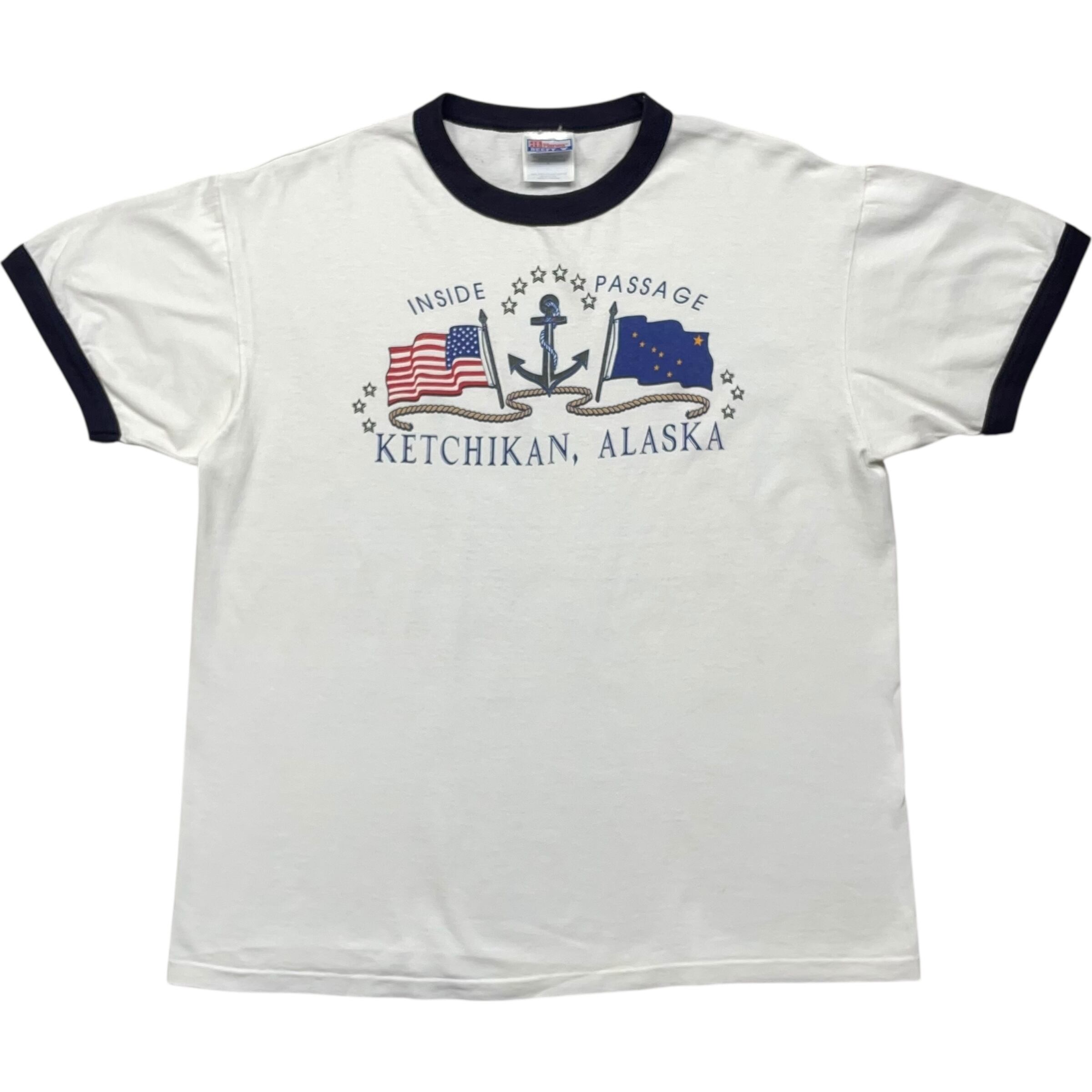 《L》Hanes ヘインズ リンガーTシャツ アメリカ国旗 アラスカ州旗 錨 シングルステッチ USA製 90年代 vintage no.8397