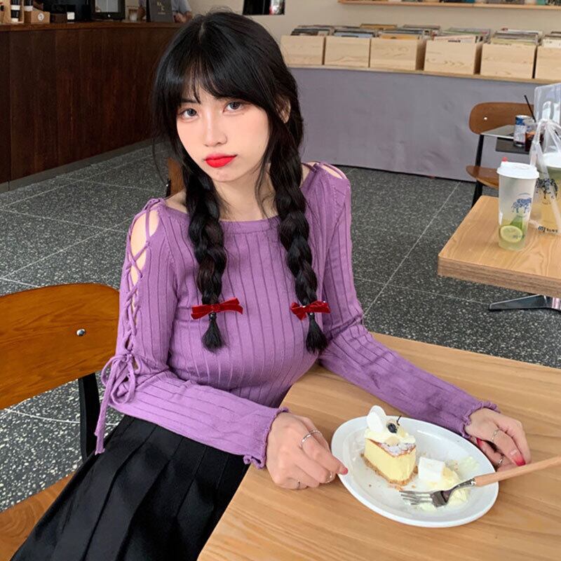 ストラップレスセーター レディーススプリングオータムスタイルスリムラウンドネックトップス ロング 春物 秋物 Oネック 萌量不足63259541988