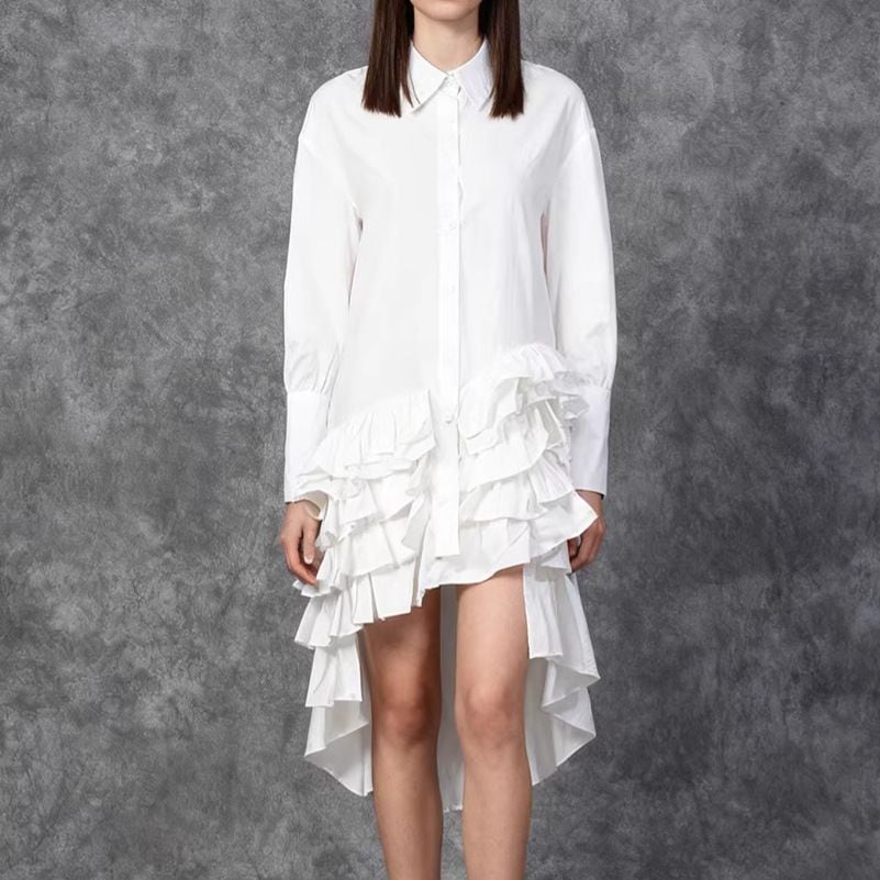 FRILL TRIMMED HIGH-LOW HEM WHITE SHIRT DREDSS 1colors M-16096