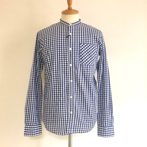 Band Collar L/S Shirts　Navy Gingham-Broad