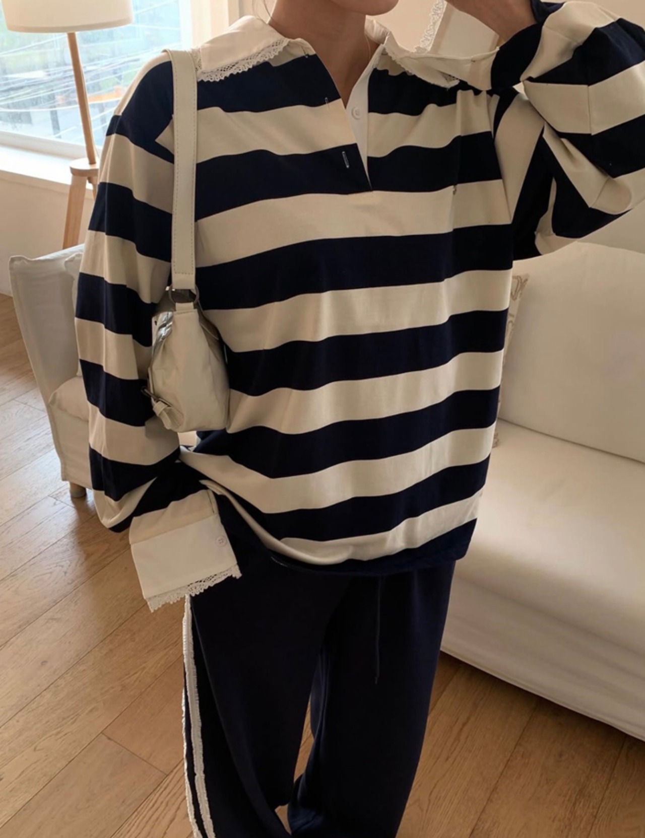 【新作5％OFF・3日間】Lace-collar Stripe Toips_3colors