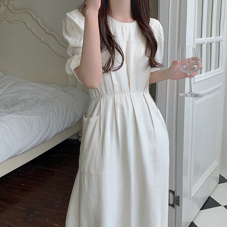 ドレス サマースタイル薄手ラウンドネックウェストスリーブポケットホワイトスカート 夏物 Oネック ビッグFスモールZ韓国19682141263