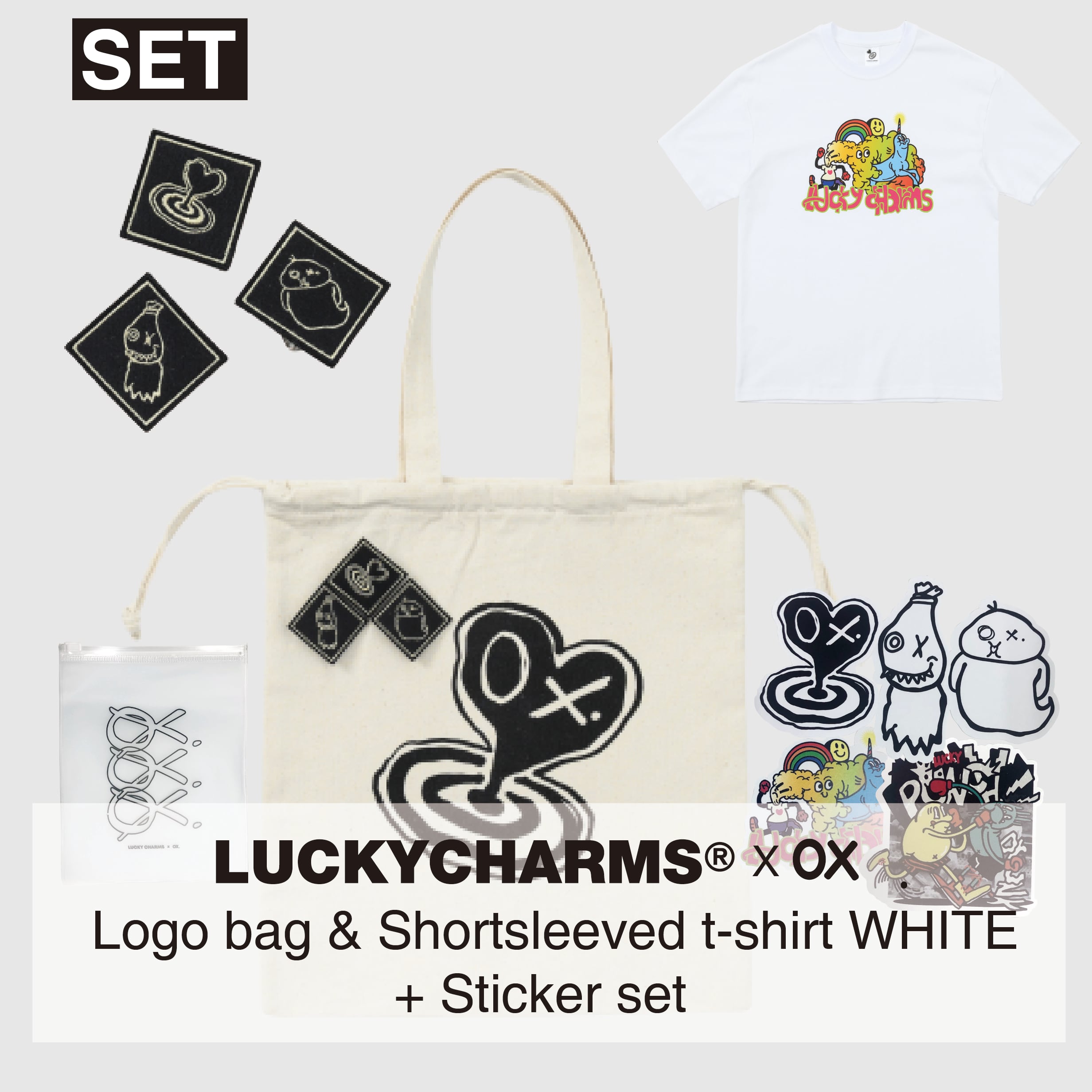 LKCS] (SET) LUCKYCHARMS x OX. Logo bag + Happy day T-Shirts white 