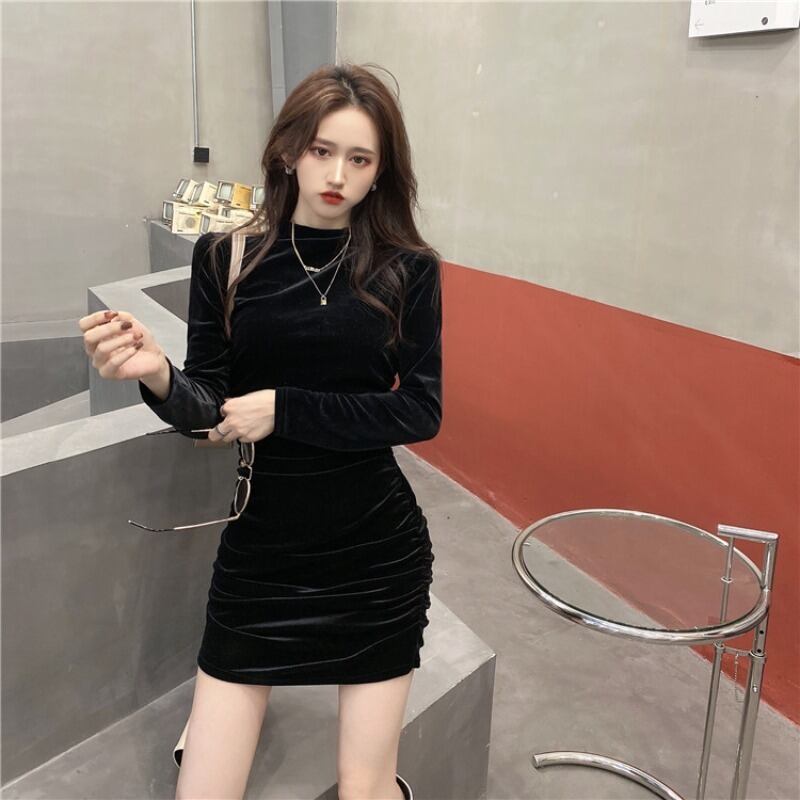 ベルベットドレス ブラックカラーショートスカート オータムウィンター ロング 秋物 冬物 ブラックストロベリース90272187659