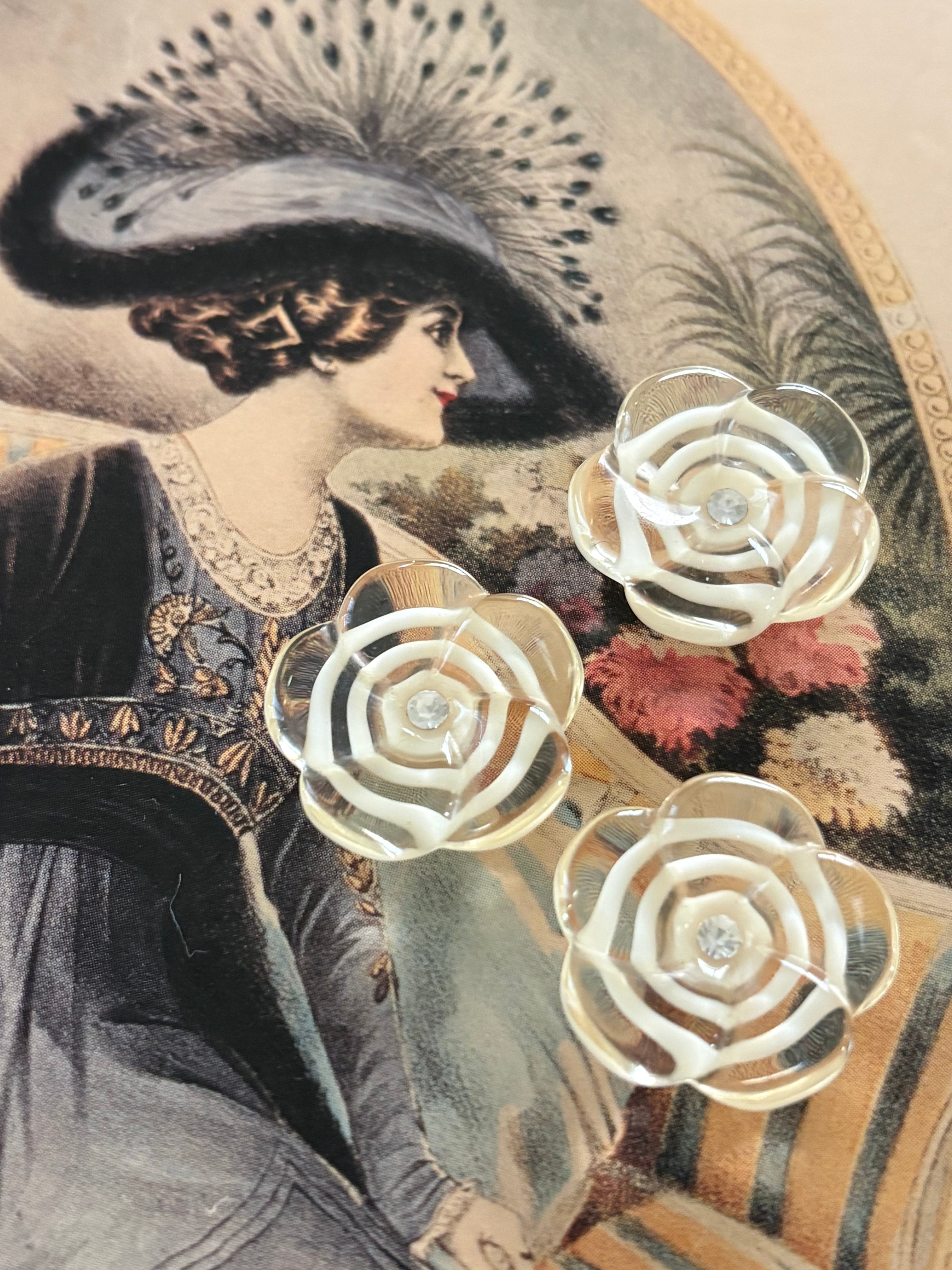 20mm Japanese ヴィンテージボタン フラワー ストーン ホワイト×クリア お花型 クリア アクセサリーパーツ 装飾材