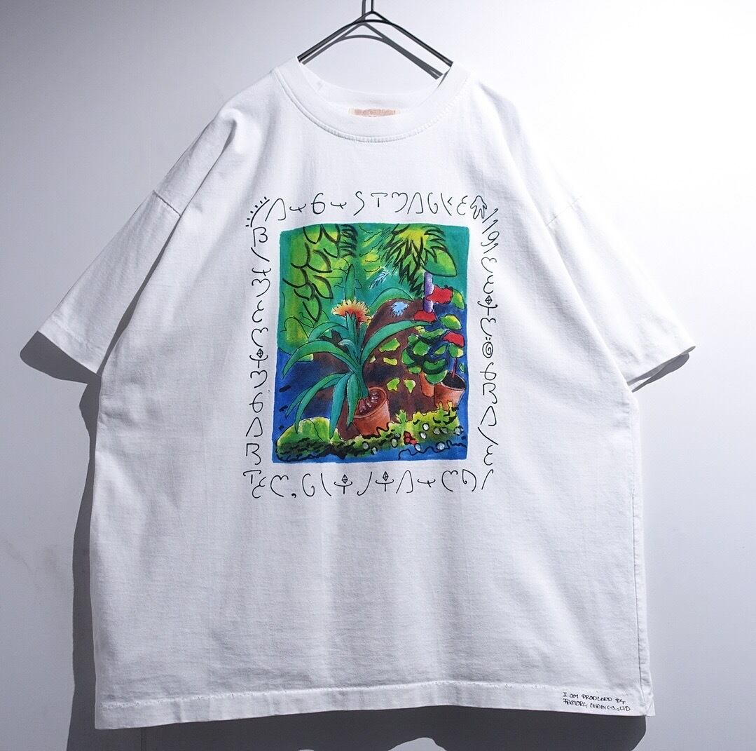 90s White Botanical Motif Print Desgin Art T-Shirt