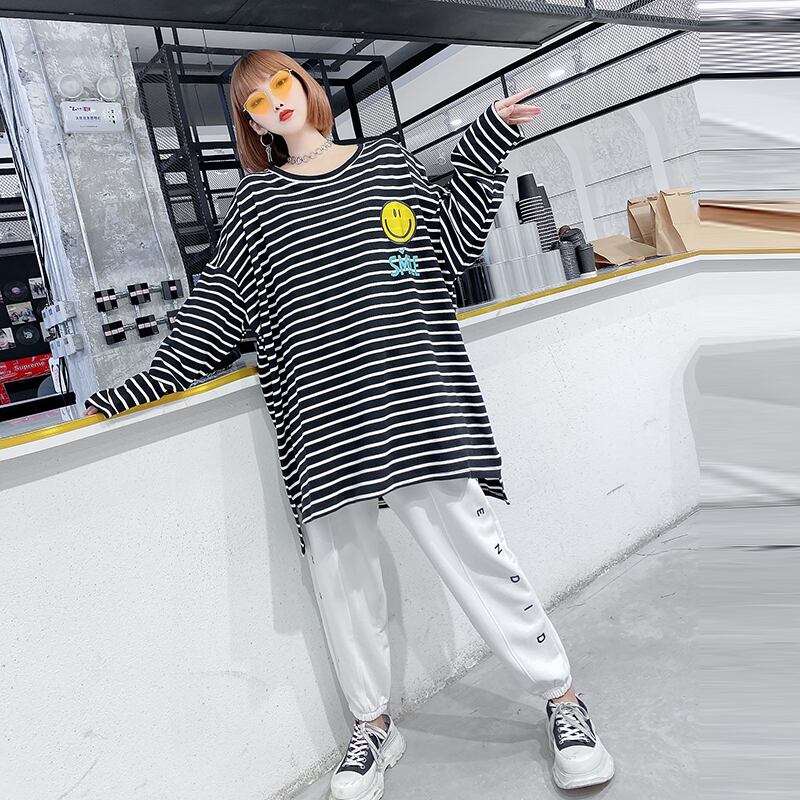 オータムルーズ薄手ストライプTシャツ トップス ロング 大きめサイズ 秋物 ミックスインファッション44867885383