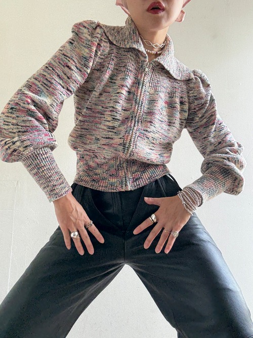 70s Vintage Balloon Sleeves Zip Up Knit Top