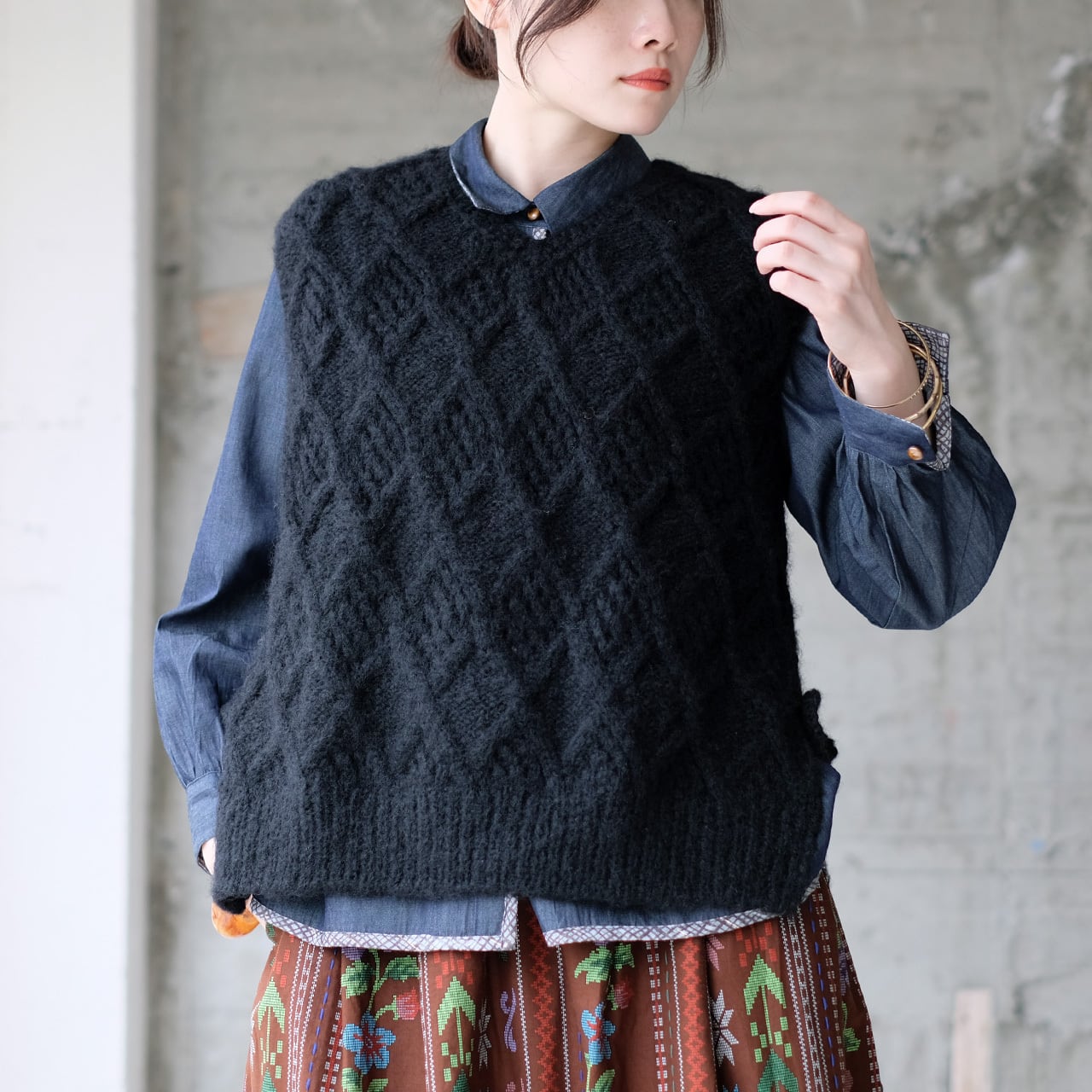 あったかウール♡手編みニットベスト(25w-05)ブラック
