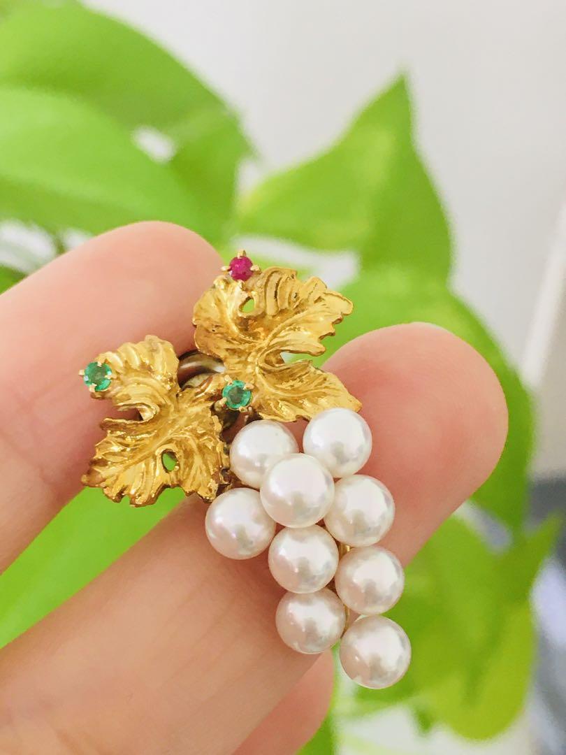 エメラルドルビー真珠ブローチK18