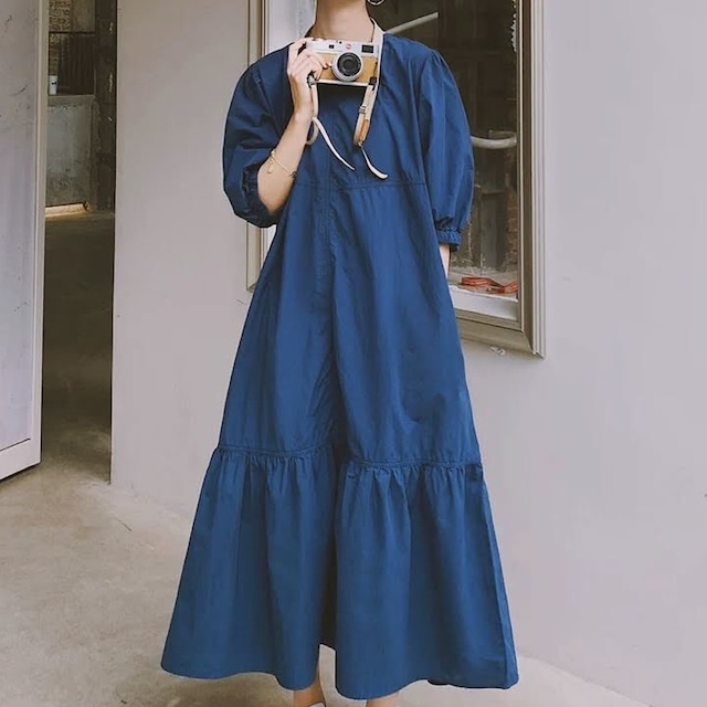 青い ドレス 夏 薄い ワンピース ドレス 半袖 きれいめ aライン ロング 大きいサイズ かわいい 春夏 シンプル レディース 韓国 カジュアル 大人 レトロ 30代 40代 50代 OP-282KMY