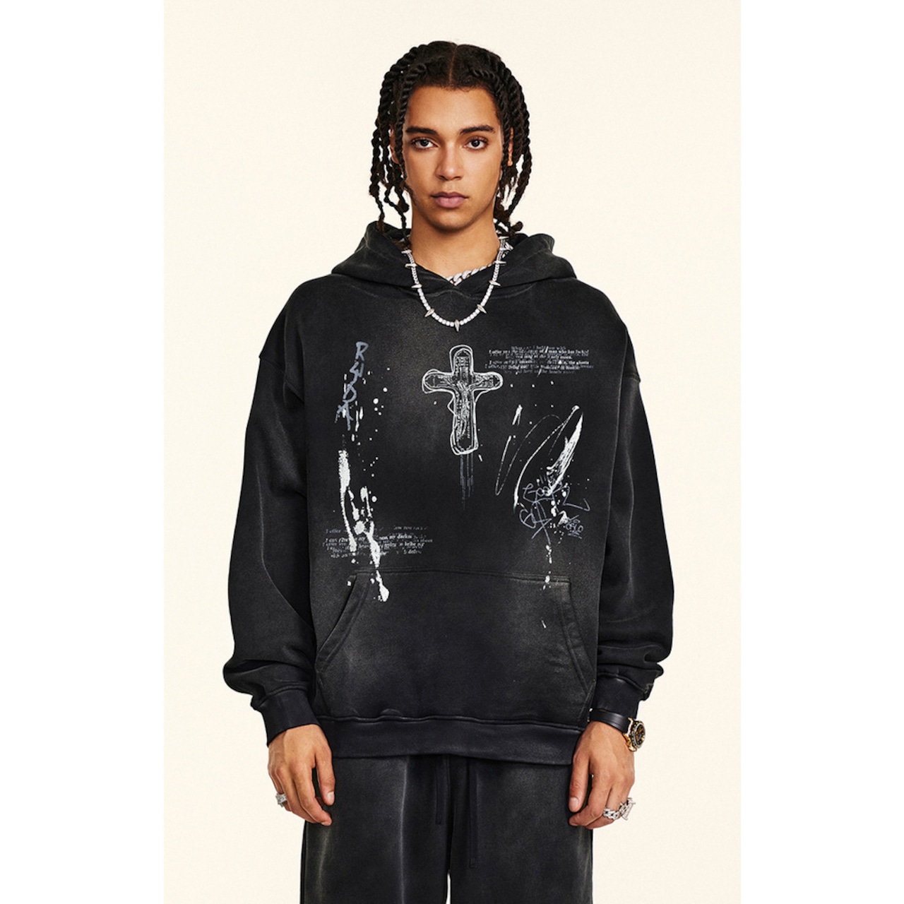 VINTAGE ストリート 裏起毛 クロスプリント パーカー T1861