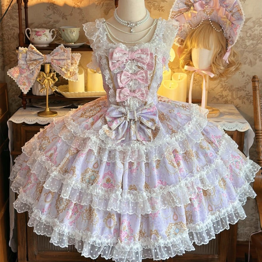 甘ロリ 花柄 JSK ピンク×パープル 多層フリル レース 姫系 ロリータ
