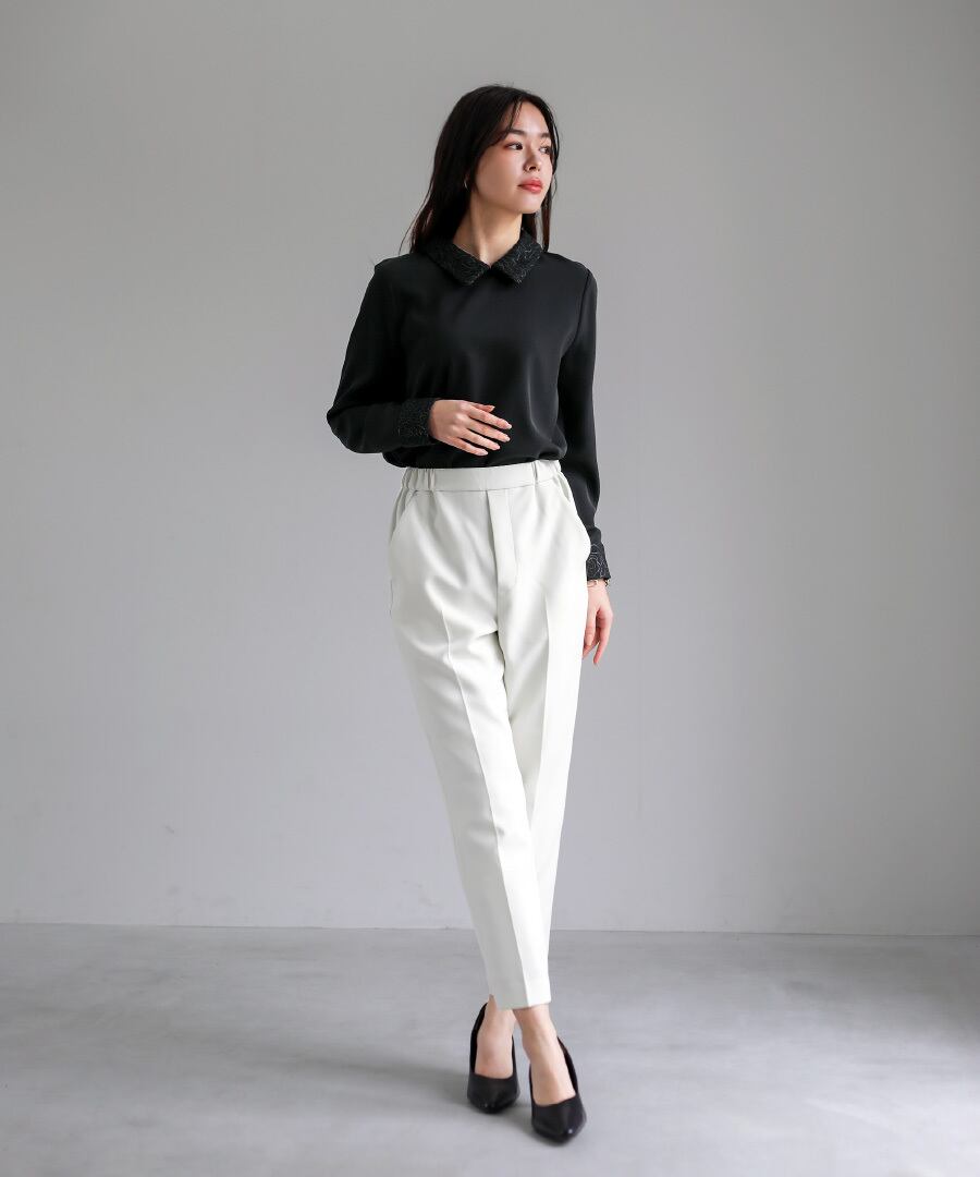 ディテール映え 】ソフトツイル・襟袖レースクラシカルブラウス