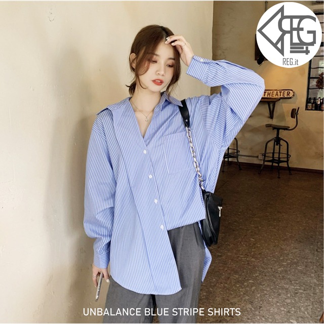 【REGIT】【即納】UNBALANCED BLUE STRIPE SHIRTS 韓国ファッション ブラウス シャツ ストライプ 20代30代 着回し おしゃれ 通勤シャツ アンバランスシャツ アシンメトリーシャツ