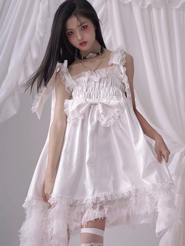 ワンピース ガーリー シンプル フリル リボン 白 フリル リボン