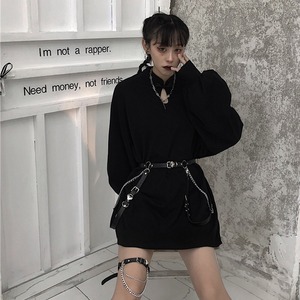 チャイナ風ワンピース 中華服 ベルト付き 原宿風 激安 フリーサイズ ブラック 黒い 青春シリーズ Elegant