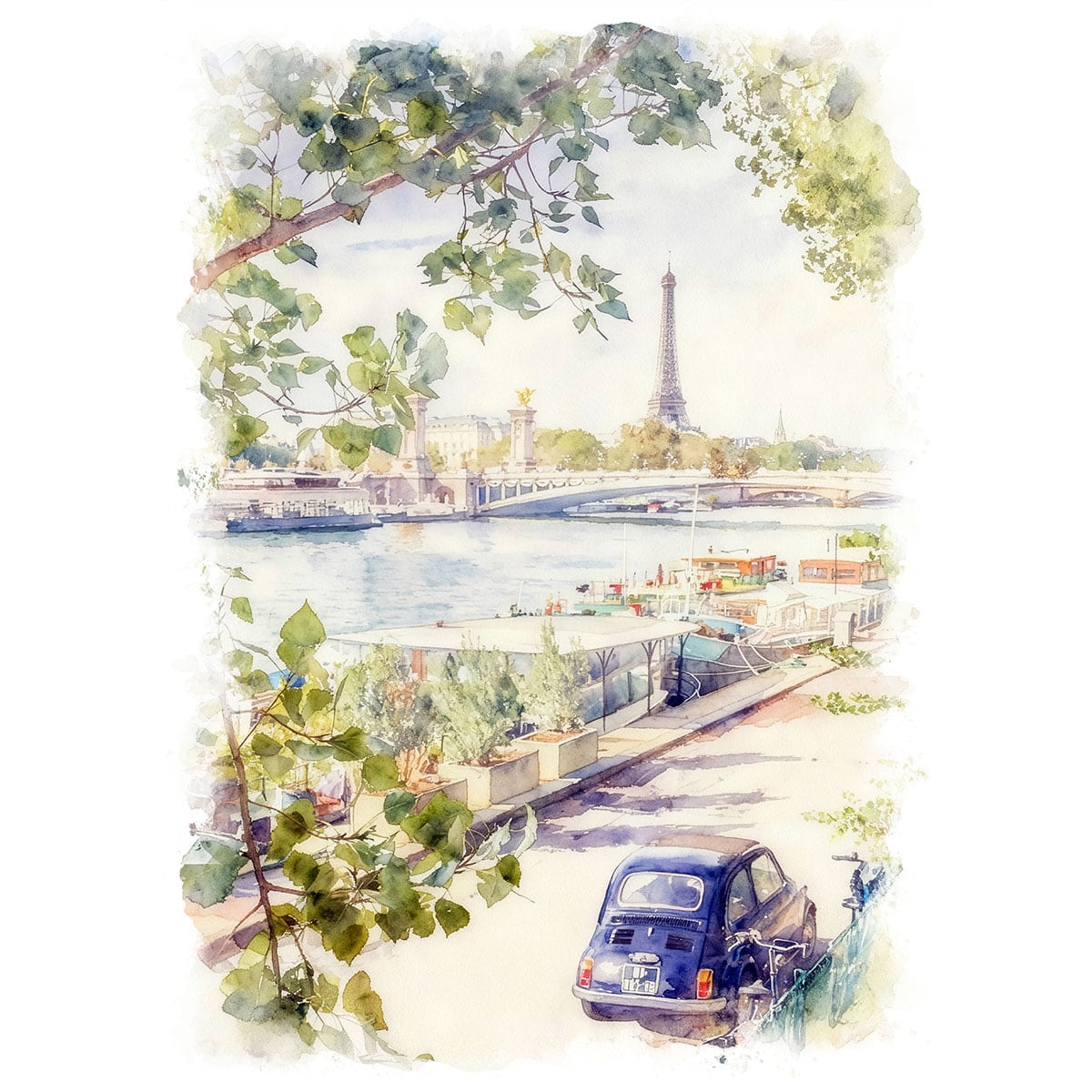 絵画 街の風景画 フランス パリ セーヌ川とエッフェル塔 インテリアアート額付き 水彩画・油絵風 WAT0026