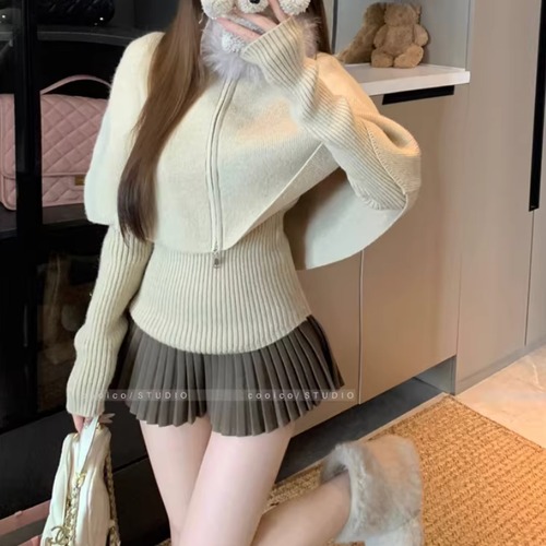 【3点セット】2色／ファーティペット＋ジップアップケープ＋リブニットトップス ・74006