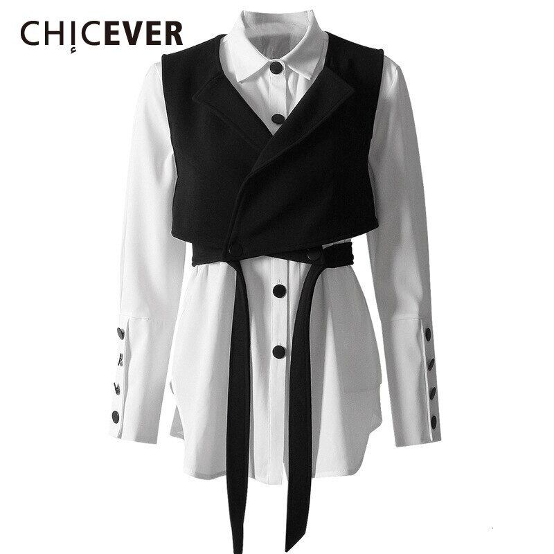 CHICEVERツーピースセットランタン長袖ホワイトシャツレースアップショートベストレディースシャツセット2020春 ロング スプリング 春物 6base545903674176
