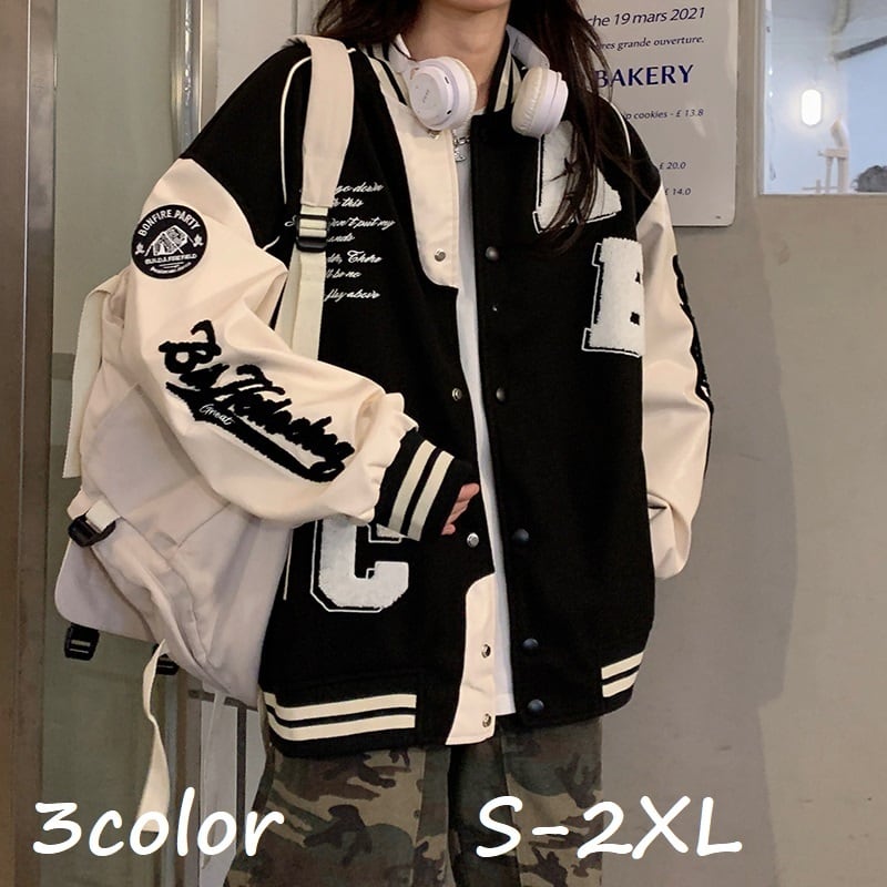 ブルゾン ジャケット ロゴ 刺繍 学生 アウター オーバーシルエット オーバーサイズ 体形カバー ゆる 普段着 普段使い 大人 コーデ コーディネート 韓国 オルチャン ファッション お取り寄せ 送料無料 hll-0545