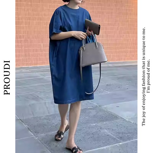 【半袖ゆったりシルエットデニムワンピース 】P01321