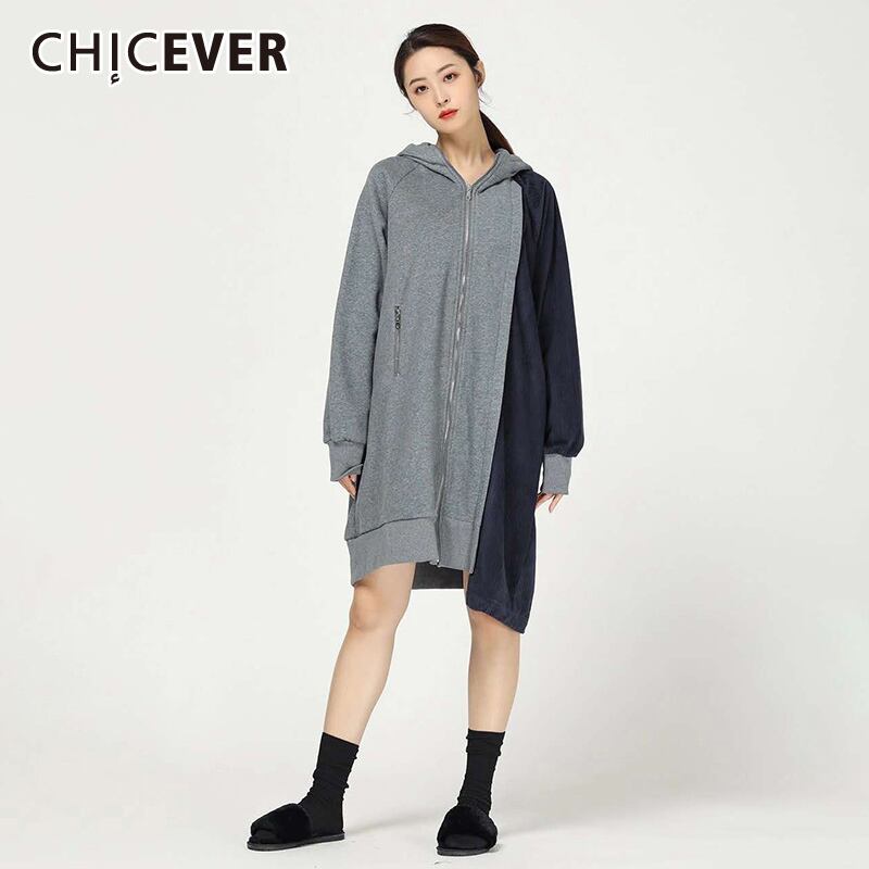 CHICEVERパッチワークコート女性フード付き長袖ヒットカラールーズオーバーサイズコート服2020タイド ロング 6base548573104031