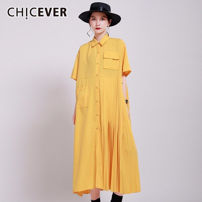 CHICEVERプリーツドレスレディースラペルカラー半袖パッチワークポケットルーズミディサマードレス洋服2020 ショート ハーフスリーブ 夏物 6base587344688869