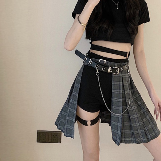 チェックスカート XS ミニ丈 レディース 送料無料 ハイウエスト プリーツ ベルト付き アシンメトリー ボトムス 春夏秋 133970