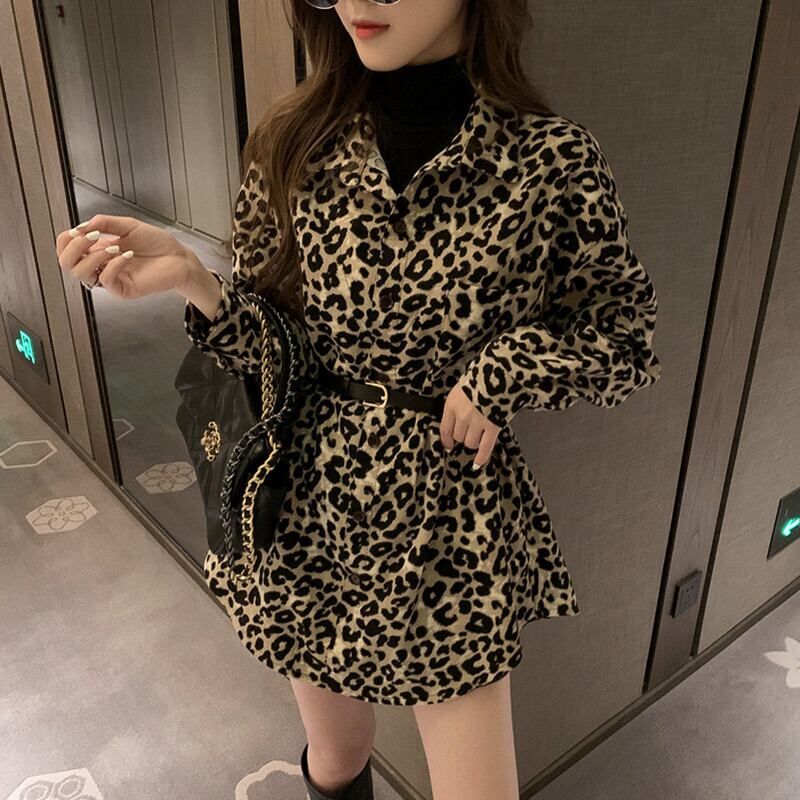 シャツワンピース シャツ 重ね着風 フェイクレイヤード タートルネック Poloネック ヒョウ柄 長袖 膝上 動物柄 ファッション M L Dresszone