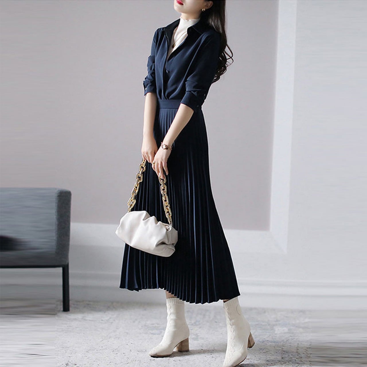 Pleats Long Dress Shirt Office 00293