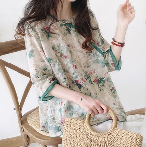 トップス シャツ ブラウス 袖あり 5分袖 7分袖 襟なし ノーカラー ワイド Aライン 透け感 前ボタン 綿 麻 大人可愛い きれいめ 大人 上品 おしゃれ お洒落 アジアン エスニック 大人可愛い 大人女子 主役級 存在感 抜け感 花柄 春 夏 10代 20代 30代 40代 レディース 女性用 デート お出かけ 女子会 お泊まり 休日 リゾート 旅行 海 着回し 普段使い 楽ちん サイズ L XL ゆったり グリーン