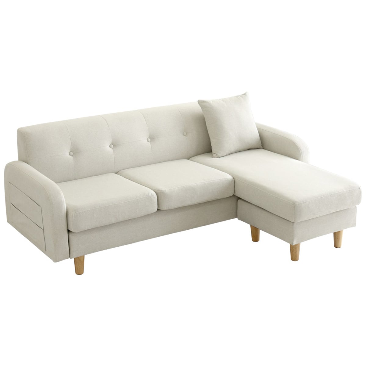 3人掛け カウチソファ レイアウト自由 肘掛けポケット クッション付き Sバネ 極厚ウレタン