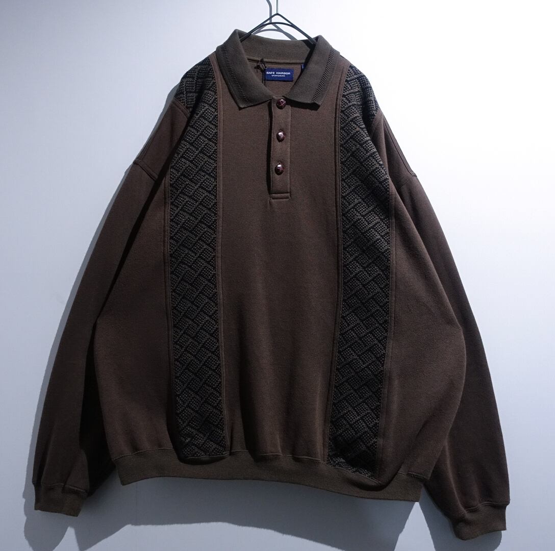 “SAFE HARBOR” Brown Geometric Pattern Knitted Switching Desgin Sweat Polo