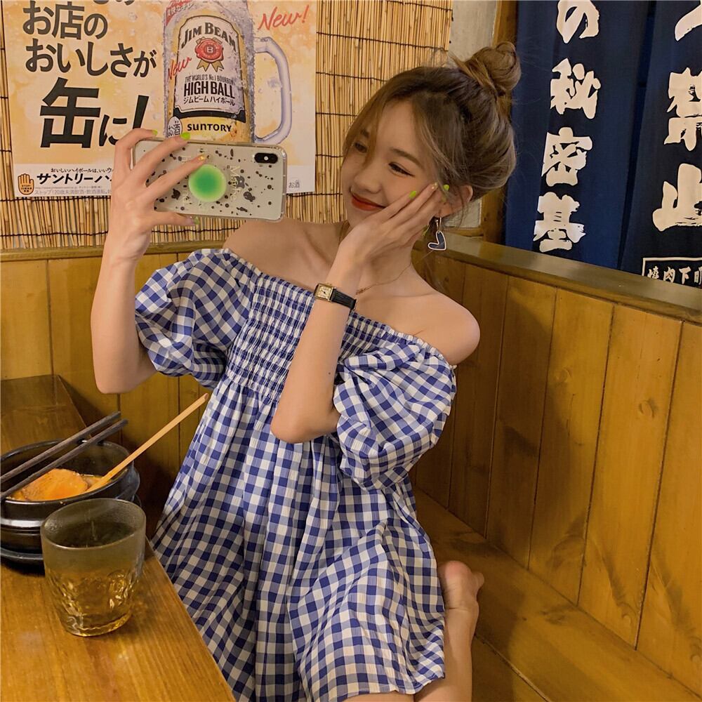 ルーズ格子柄シャツ スカート 薄手カジュアルサマードレス 大人ガーリー スウィート キュート 夏物 ピュア ドラファッションホール19163663878