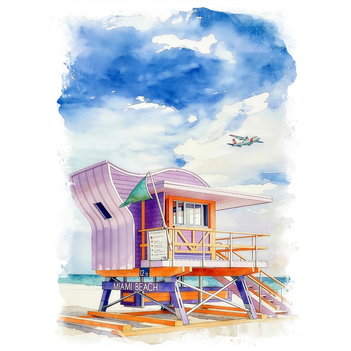 絵画 風景画 アメリカ マイアミビーチのライフガードタワー インテリアアート額付き 水彩画・油絵風 WAT1600