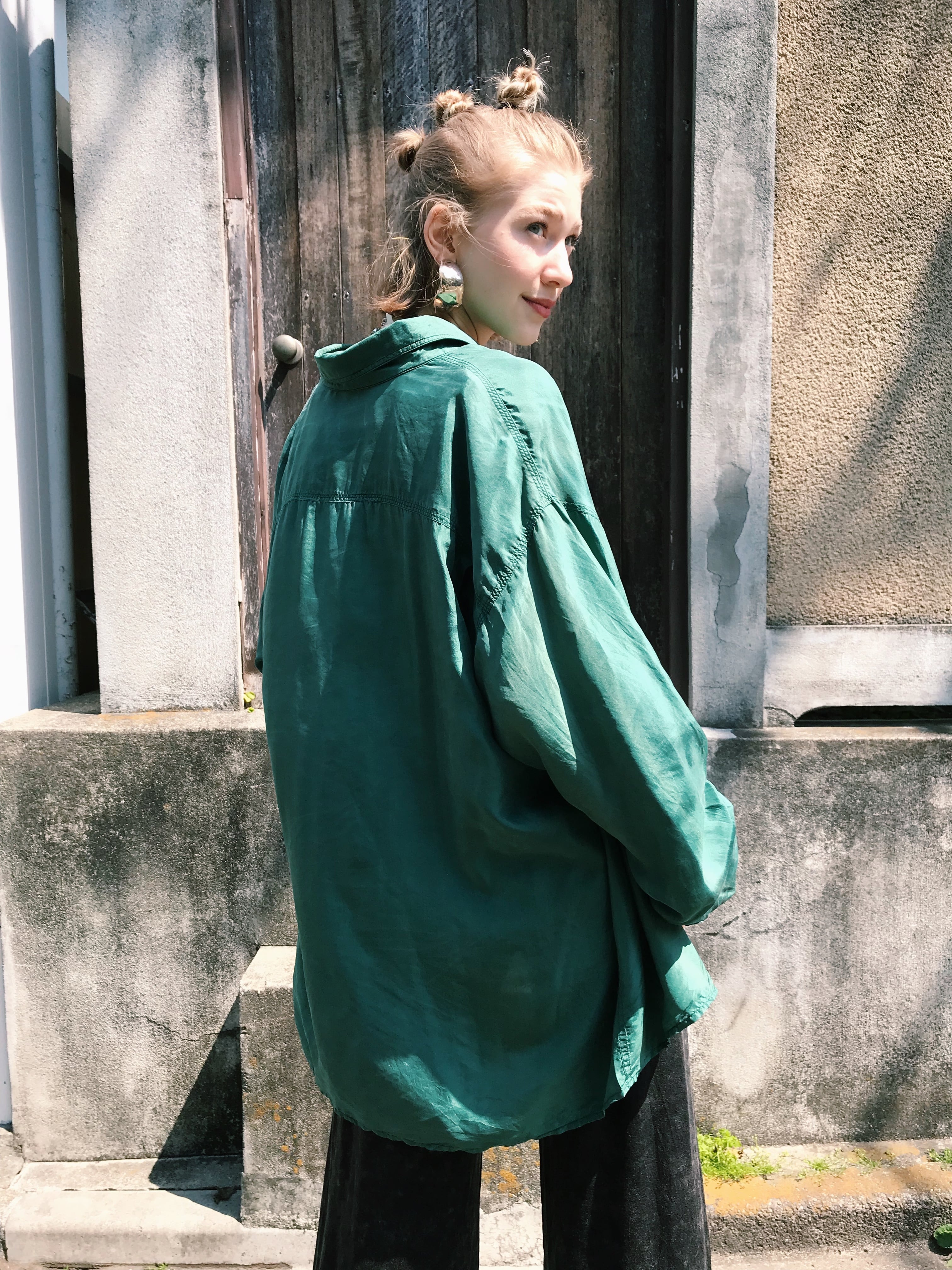 80s green big silk shirt ( ヴィンテージ グリーン ビッグ シルク