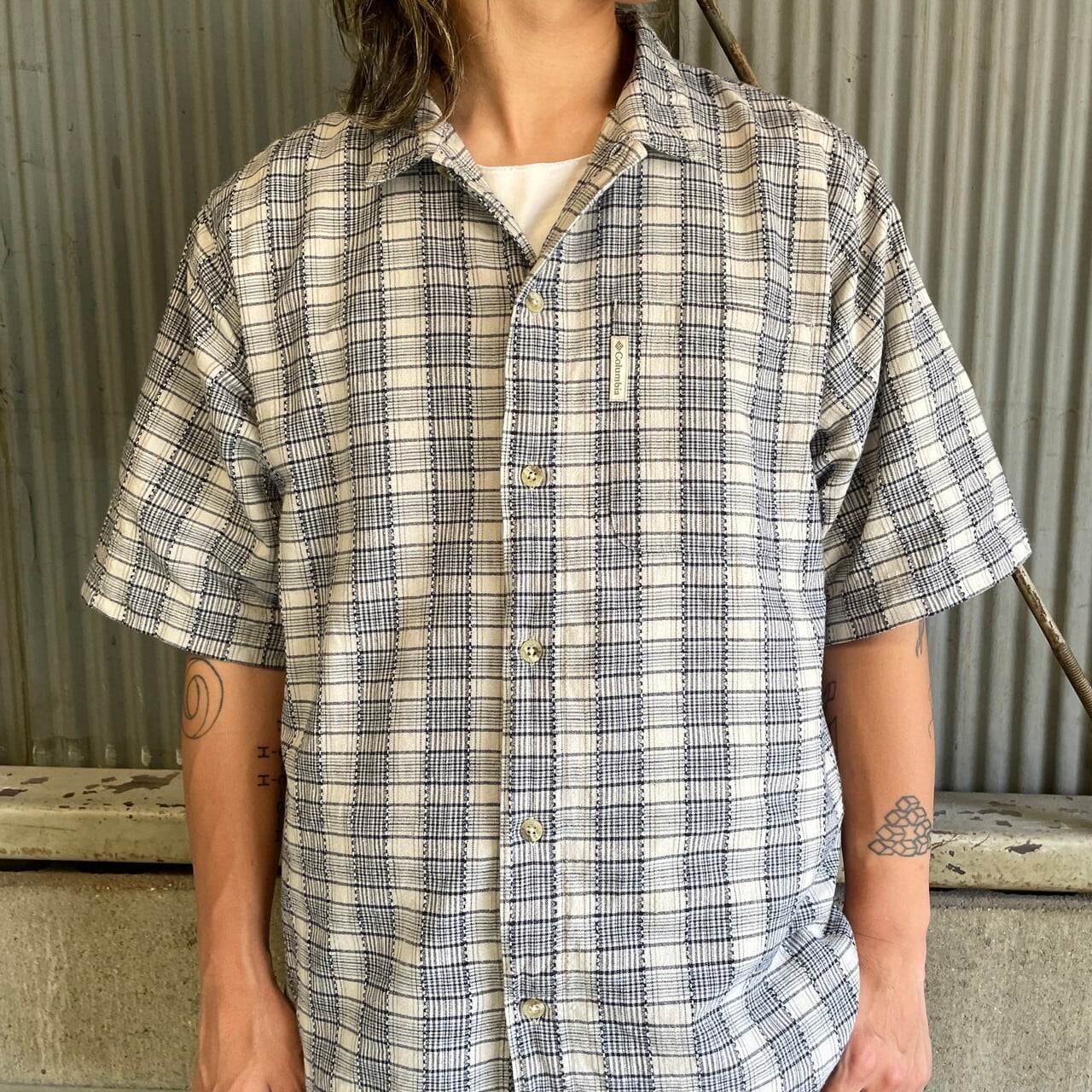 Columbia コロンビア 半袖 チェックシャツ メンズL相当 古着 ベージュ 