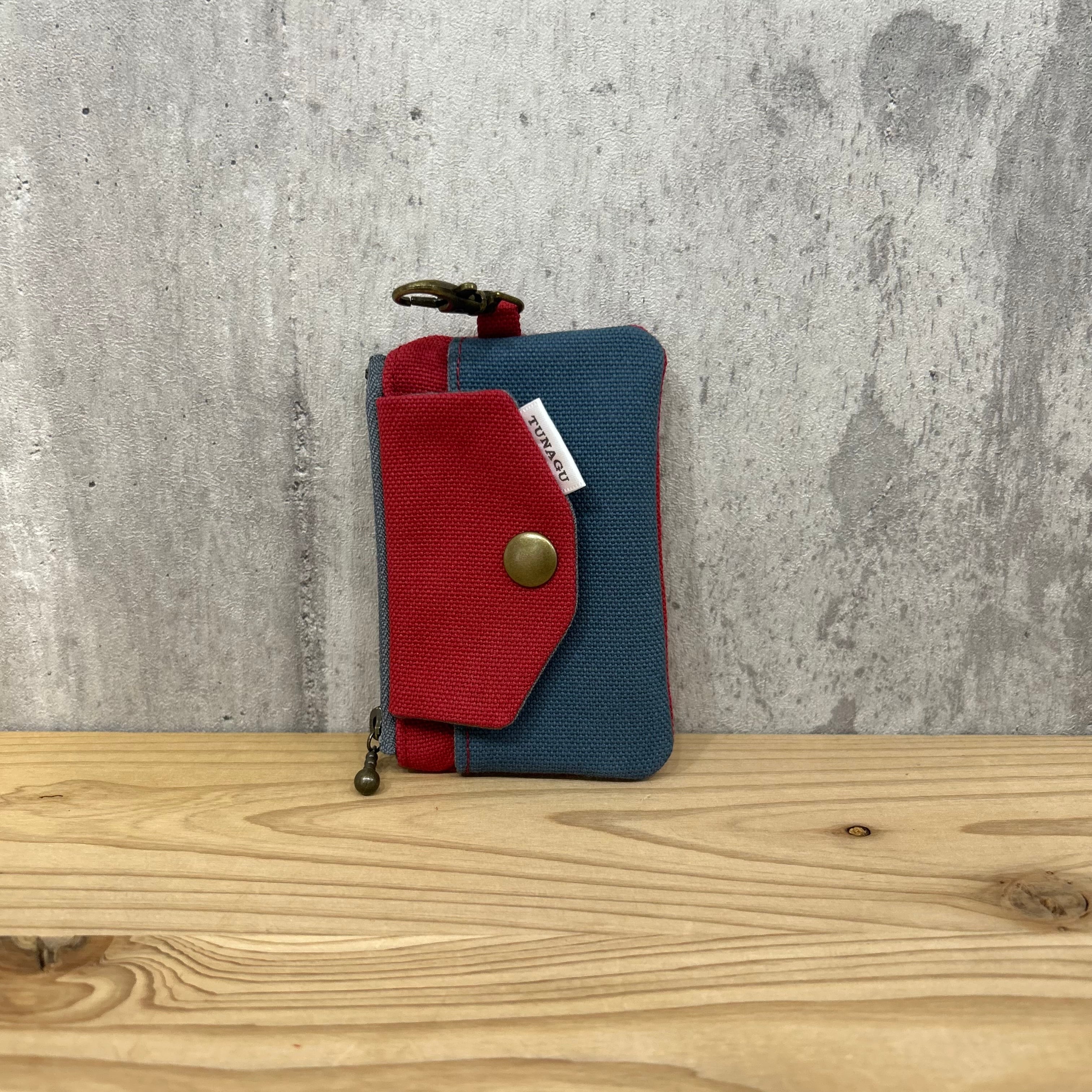 .+*Mini Wallet / カードや小銭、お札入れに【濃赤×ブルーグレー】