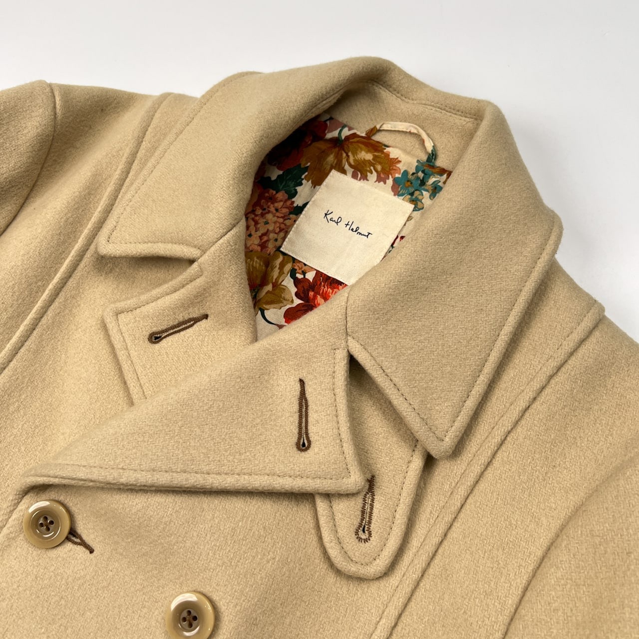 Karl Helmut カールヘルム 裏地花柄 メルトン ピーコート サイズ L /ベージュ系/Pコート/革パッチ/ピンクハウス