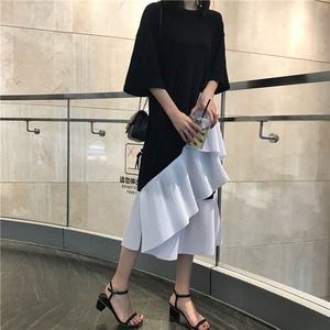 【送料無料】ワンピース ドレス レディース 夏 大きいサイズ L～3XL 膝下 ミディ丈 ミモレ丈 夏ワンピース 夏ワンピ 真夏 半袖 カットソーワンピ Tシャツワンピース Tシャツワンピ アシンメトリー アシメ 異素材 異素材切り替え フリル フリルワンピース バイカラー 配色 ゆったり 体型カバー 着痩せ 細見え 脚長 大人 カジュアル 韓国 人気 おしゃれ お出かけ デート 女子会 旅行 リゾート 20代 30代 40代 50代 ブラック 黒