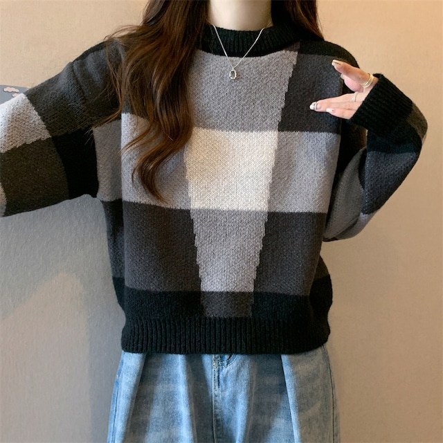 コントラストチェック柄セーター(全3色)