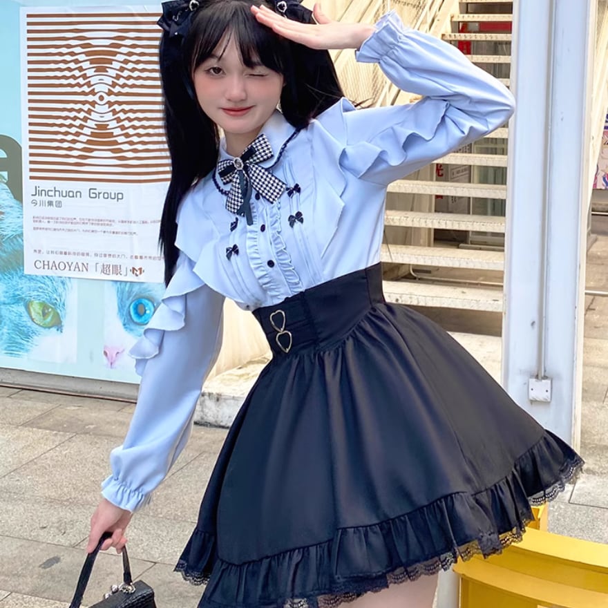 水色ゴスロリドレス ロリータ 寂しい フリル・リボン付き