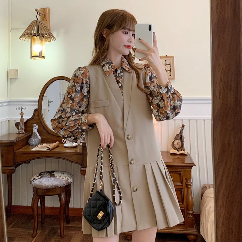 スプリングスタイルフローラルシャツ プリーツドレス レディース 春物 花柄 試着室58370915997