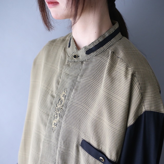 "刺繍" switching pattern fry-front band collar minimal mode shirt