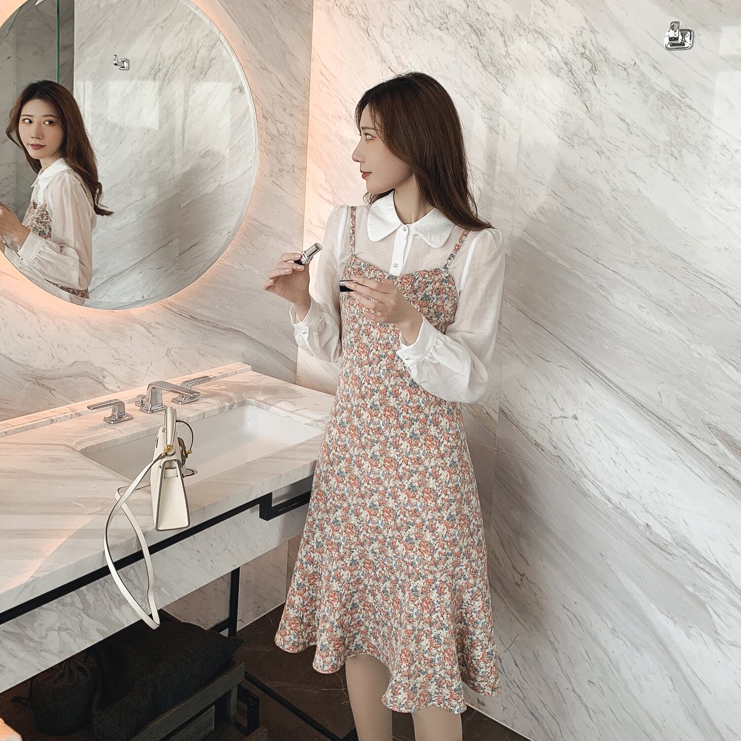 フローラルシフォンドレス スプリングホワイトシャツ スカート 春物 花柄 6Du_Shop_Women776614078