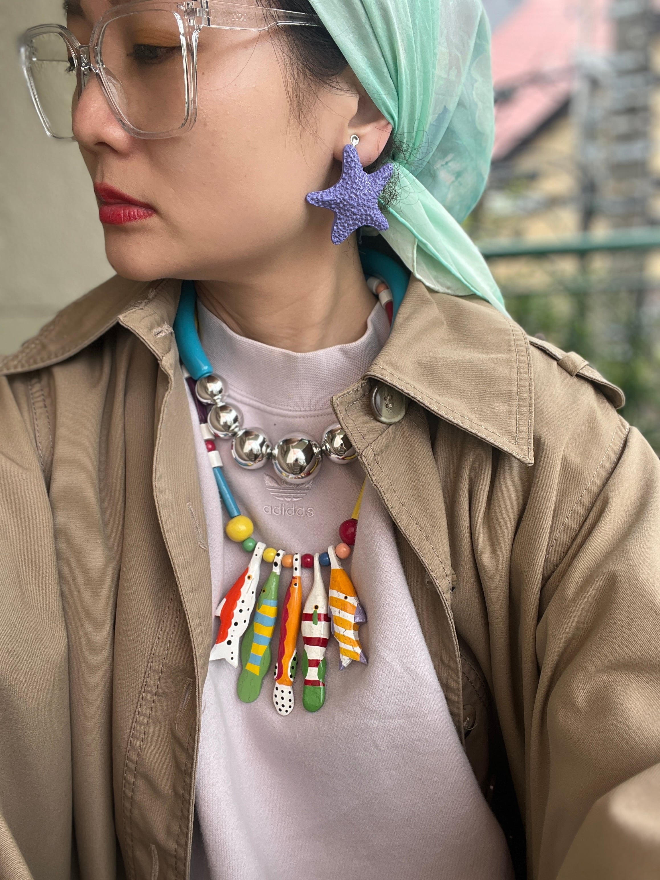 70s-80s multicolor fish handpaint wood Necklace ( ヴィンテージ